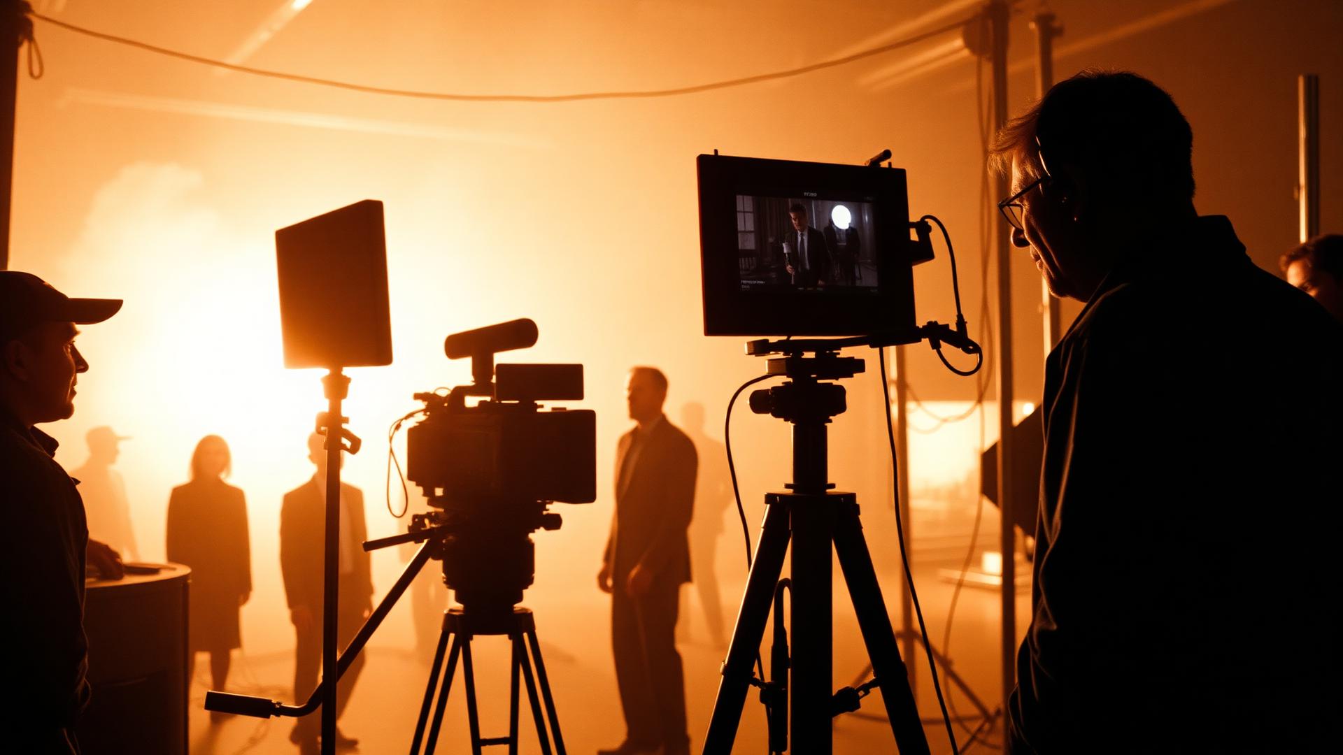 Film crew and production monitors working during an active shoot