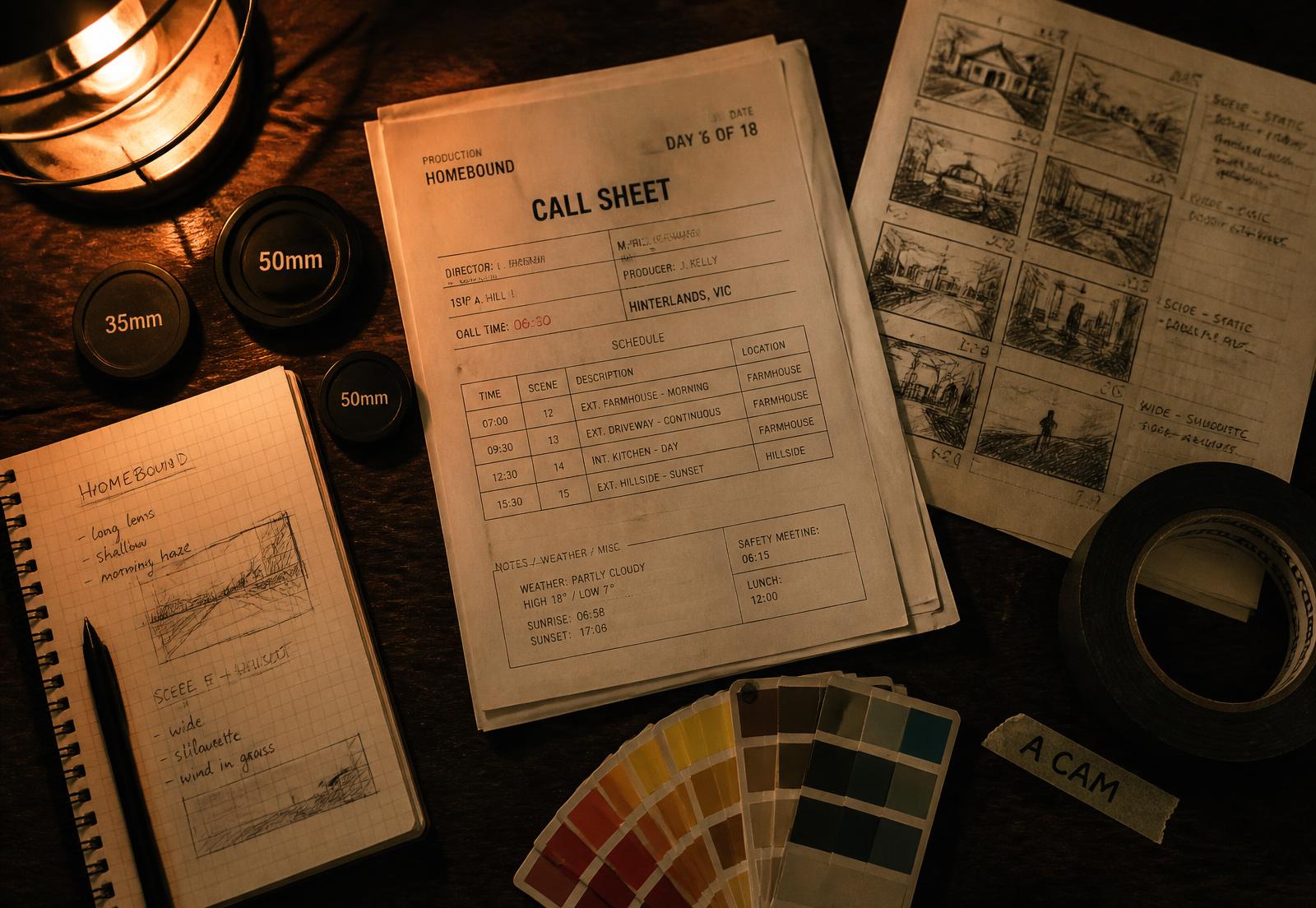 Production board with call sheets, storyboards, lens caps and colour swatches